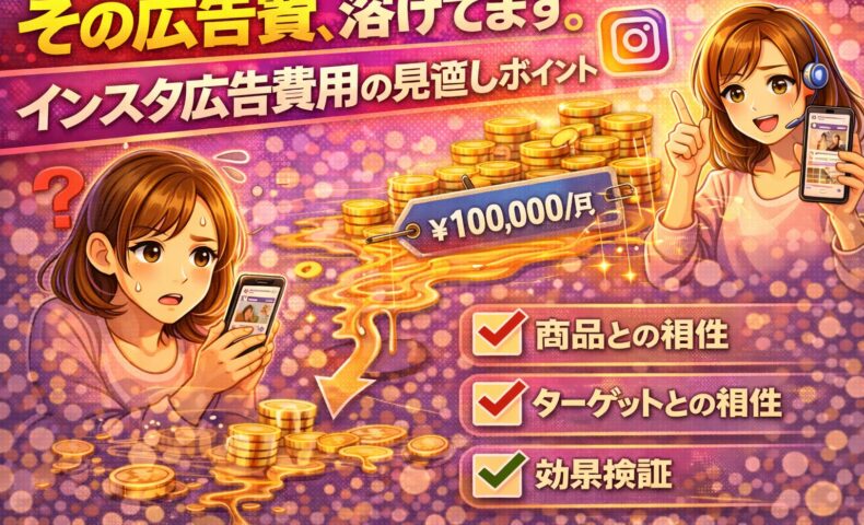 インスタ広告費用が溶けている状態と、商品・ターゲット・効果検証を見直すポイントを解説する図解イラスト