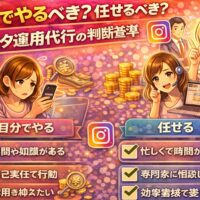 インスタ運用代行を自分でやるか任せるか迷っている人向けの判断基準を解説した図解イラスト