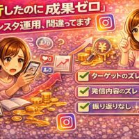 インスタ運用代行を依頼したのに成果が出ず悩む女性と、正しい運用で成果を出す女性を対比したイラスト。ターゲットのズレや発信内容のズレが原因で失敗するインスタ運用代行の注意点を表現。