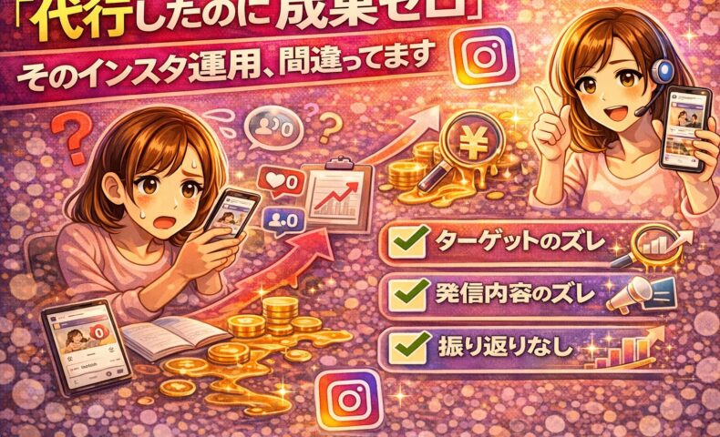 インスタ運用代行を依頼したのに成果が出ず悩む女性と、正しい運用で成果を出す女性を対比したイラスト。ターゲットのズレや発信内容のズレが原因で失敗するインスタ運用代行の注意点を表現。