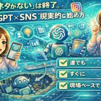 ChatGPT SNS集客で投稿ネタ不足を解消し、初心者でも現実的に運用を始める方法を解説したイメージイラスト
