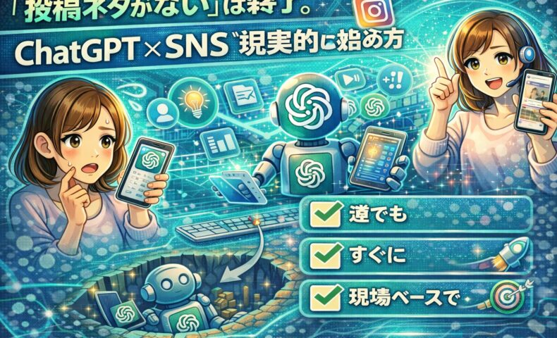ChatGPT SNS集客で投稿ネタ不足を解消し、初心者でも現実的に運用を始める方法を解説したイメージイラスト