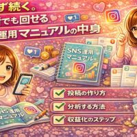 初心者でも迷わず続けられるSNS運用マニュアルの全体像をイラストで解説し、投稿作成・分析・収益化ステップを視覚的に示した画像