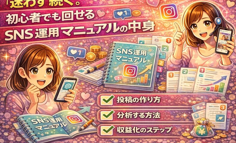 初心者でも迷わず続けられるSNS運用マニュアルの全体像をイラストで解説し、投稿作成・分析・収益化ステップを視覚的に示した画像