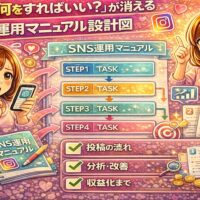 結局何をすればいいか分からない人のためのSNS運用マニュアル設計図。投稿の流れ、分析・改善、収益化までをステップで整理したSNS運用マニュアルの全体像