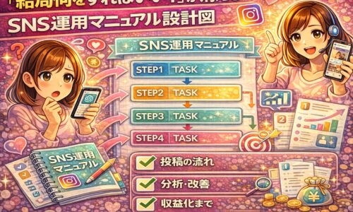 結局何をすればいいか分からない人のためのSNS運用マニュアル設計図。投稿の流れ、分析・改善、収益化までをステップで整理したSNS運用マニュアルの全体像