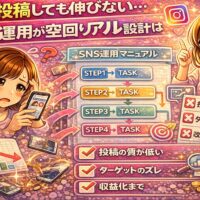 SNS毎日投稿しても伸びない原因を解説する図解イラスト。SNS運用マニュアルのSTEP設計と、投稿の質低下・ターゲットのズレ・改善不足による空回りを表現したビジュアル