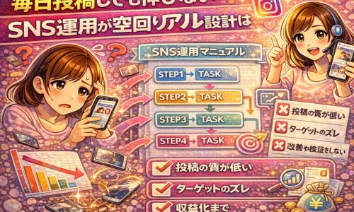 SNS毎日投稿しても伸びない原因を解説する図解イラスト。SNS運用マニュアルのSTEP設計と、投稿の質低下・ターゲットのズレ・改善不足による空回りを表現したビジュアル