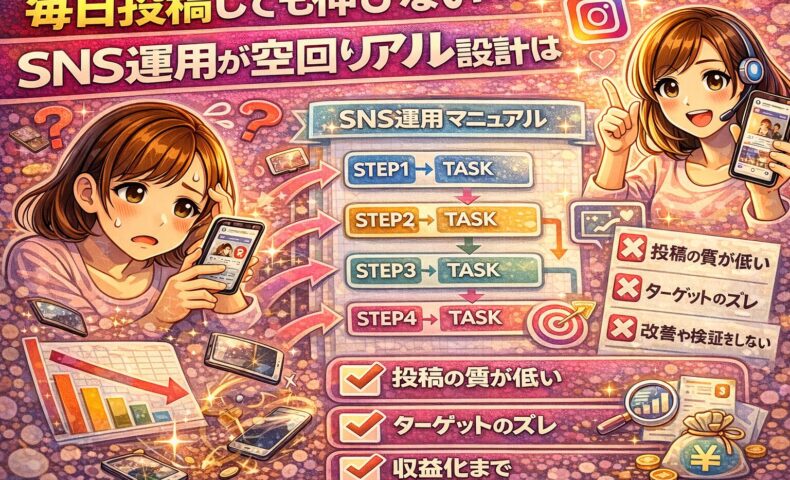 SNS毎日投稿しても伸びない原因を解説する図解イラスト。SNS運用マニュアルのSTEP設計と、投稿の質低下・ターゲットのズレ・改善不足による空回りを表現したビジュアル