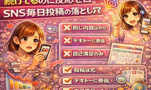 SNS毎日投稿を続けているのに反応が出ず悩む女性と、投稿内容・発信軸・改善設計のズレを示したイラスト。SNS毎日投稿が空回りする原因と改善ポイントを視覚的に表現した画像。