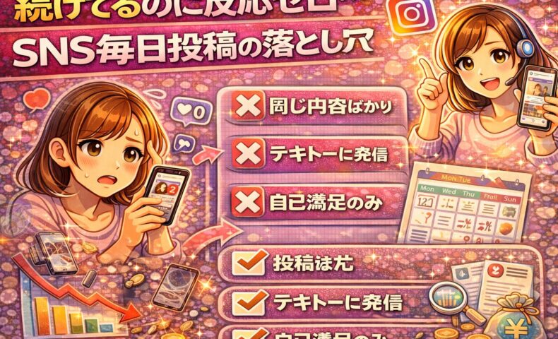 SNS毎日投稿を続けているのに反応が出ず悩む女性と、投稿内容・発信軸・改善設計のズレを示したイラスト。SNS毎日投稿が空回りする原因と改善ポイントを視覚的に表現した画像。