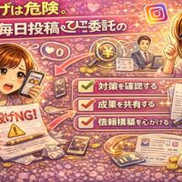 SNS運用委託を丸投げして失敗する例と、成果を出すために対策確認や成果共有を行う正しい付き合い方を解説したイラスト