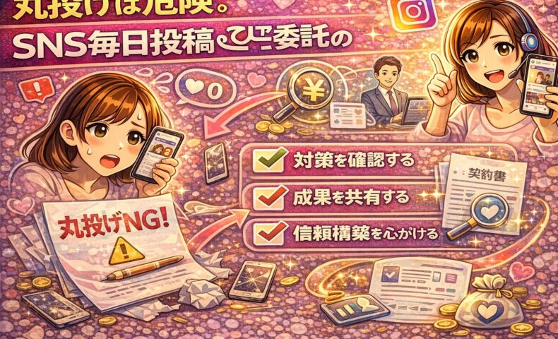 SNS運用委託を丸投げして失敗する例と、成果を出すために対策確認や成果共有を行う正しい付き合い方を解説したイラスト