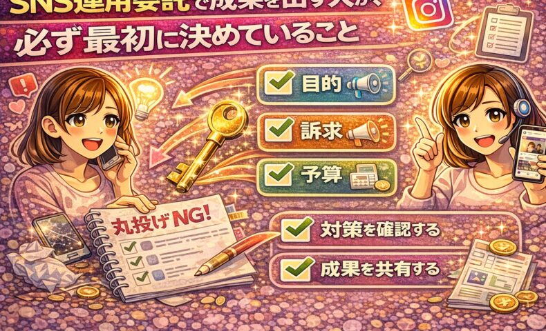 SNS運用委託で成果を出すために、目的・訴求・予算を最初に決める重要性を解説した図解イラスト