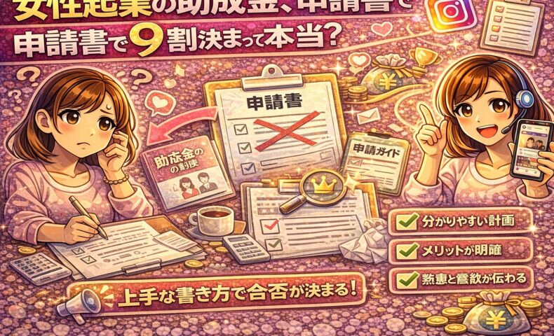 女性起業の助成金は申請書で9割決まる理由を分かりやすく解説した図解イラスト