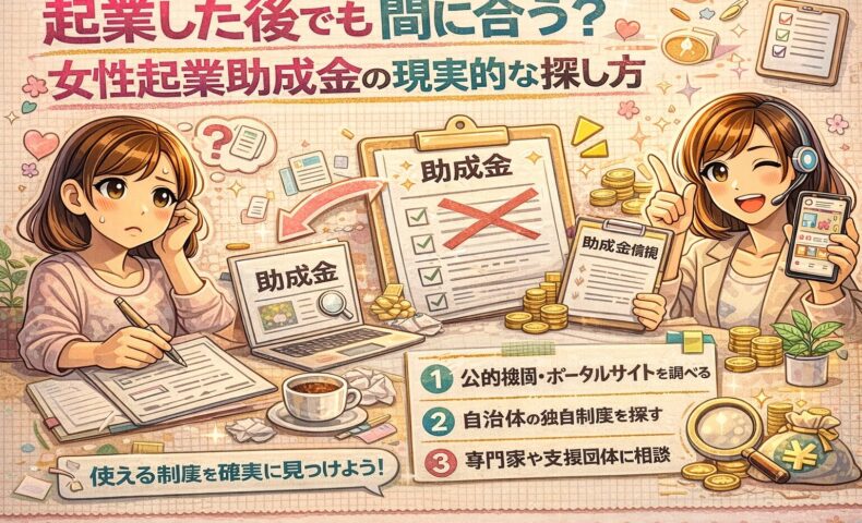 起業した後でも使える女性起業助成金の現実的な探し方を解説した図解イラスト