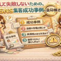 SNS集客成功事例を真似して失敗しないために、事例の見極めポイントや読み解き方を解説した図解イラスト