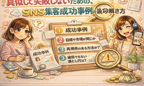 SNS集客成功事例を真似して失敗しないために、事例の見極めポイントや読み解き方を解説した図解イラスト