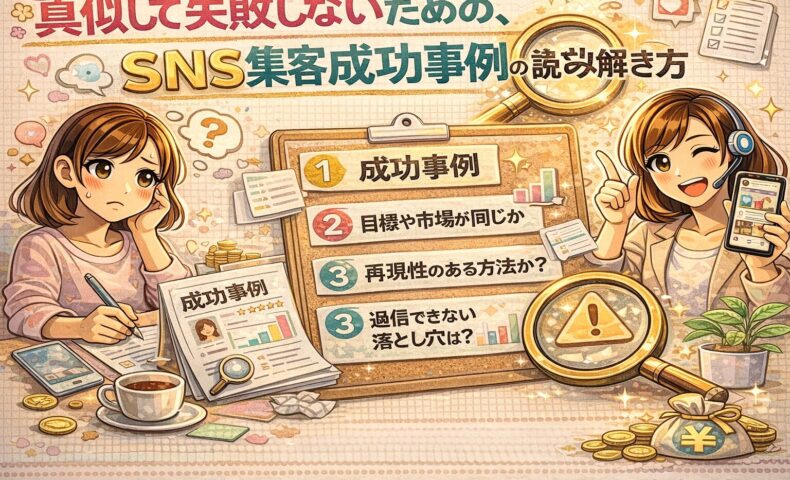 SNS集客成功事例を真似して失敗しないために、事例の見極めポイントや読み解き方を解説した図解イラスト