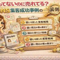 バズらなくても売れているSNS集客成功事例の裏側を解説するイラスト。狙いを絞った集客戦略や濃い見込み客、隠れた売上導線を示している。