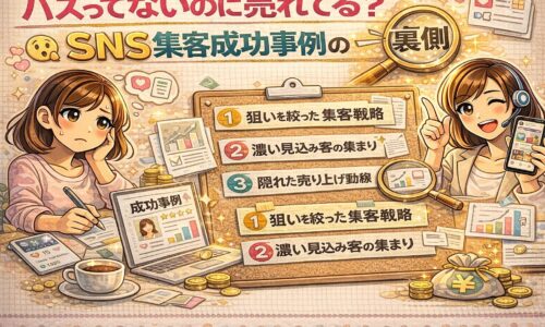 バズらなくても売れているSNS集客成功事例の裏側を解説するイラスト。狙いを絞った集客戦略や濃い見込み客、隠れた売上導線を示している。