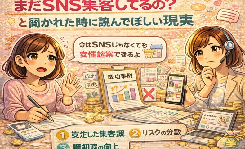SNS集客はもう古いのか悩む女性が、安定した集客方法や成功事例を比較しながら考えているイラスト