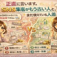 SNS集客がもう古い人と、まだ使えている人の違いを比較し、成果の差が生まれる理由を解説したイラスト