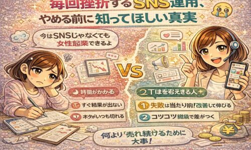 SNS運用が続かない原因と、挫折する人と続けられる人の考え方の違いを比較したイラスト
