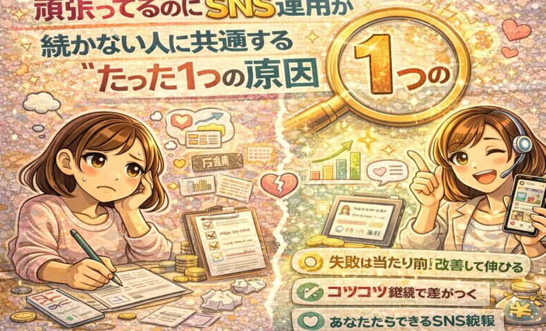 頑張っているのにSNS運用が続かない人に共通する原因を、失敗する人と伸びる人の対比イラストで解説した図