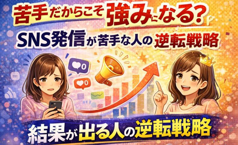 SNS発信が苦手でも結果を出す逆転戦略を解説するイメージ。発信に悩む女性と、成長を示すグラフやメガホンが描かれている。