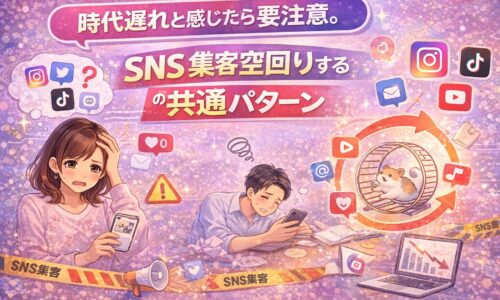 SNS集客が時代遅れに感じて空回りし、投稿や導線がうまく噛み合わず悩む様子を表したイラスト
