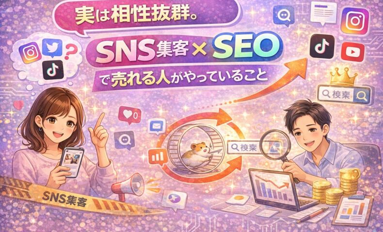SNS集客とSEOを組み合わせて売上につなげる仕組みを解説するイラスト。SNS発信と検索導線が連動し、成果が出る流れを表現。