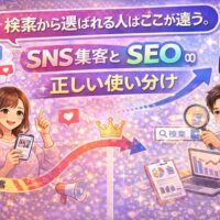 検索から選ばれる人が実践しているSNS集客とSEOの正しい使い分けを解説したビジュアル。SNS発信と検索導線の役割の違いが分かる構成。