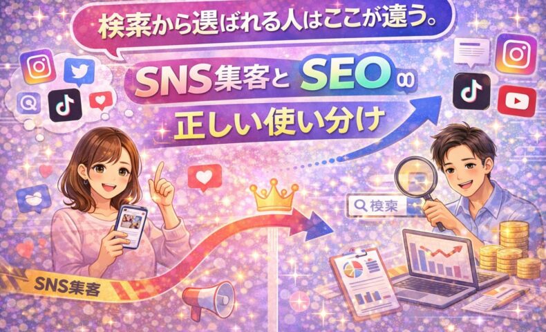検索から選ばれる人が実践しているSNS集客とSEOの正しい使い分けを解説したビジュアル。SNS発信と検索導線の役割の違いが分かる構成。