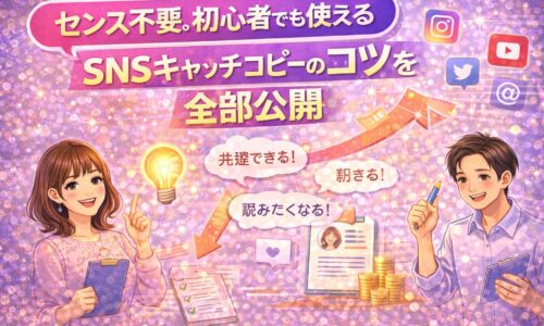 SNSキャッチコピーのコツを解説するイラスト。センス不要で初心者でも使えるSNSキャッチコピーの考え方を、共感・刺さる・売れる流れで紹介しているビジュアル。