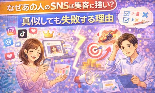 集客に強いSNSがなぜ成功しているのか、真似しても失敗する理由を対比構造で表したイメージ