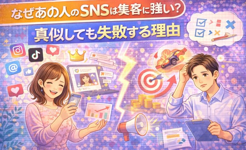 集客に強いSNSがなぜ成功しているのか、真似しても失敗する理由を対比構造で表したイメージ
