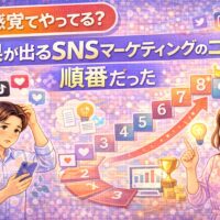 成果が出るSNSマーケティングのコツは順番だったと解説するイラスト。SNS運用に悩む男性と、正しい手順を示す女性が階段状の成長ステップを示している。
