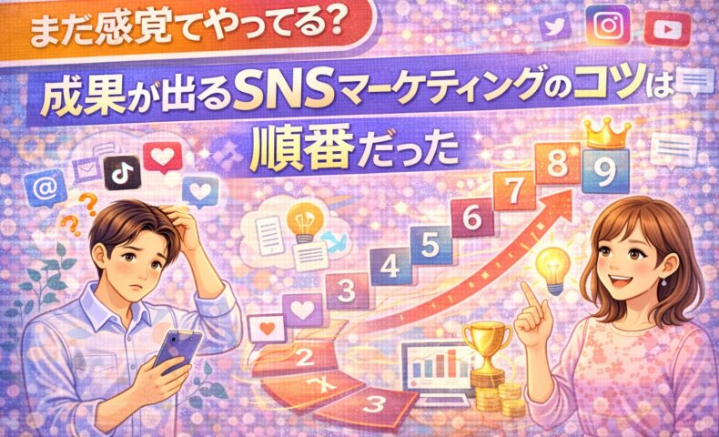 成果が出るSNSマーケティングのコツは順番だったと解説するイラスト。SNS運用に悩む男性と、正しい手順を示す女性が階段状の成長ステップを示している。