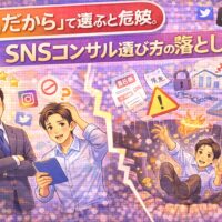 有名だからとSNSコンサルを選んで失敗するリスクと、正しいSNSコンサル選び方を表現したイラスト