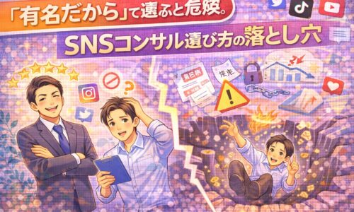 有名だからとSNSコンサルを選んで失敗するリスクと、正しいSNSコンサル選び方を表現したイラスト
