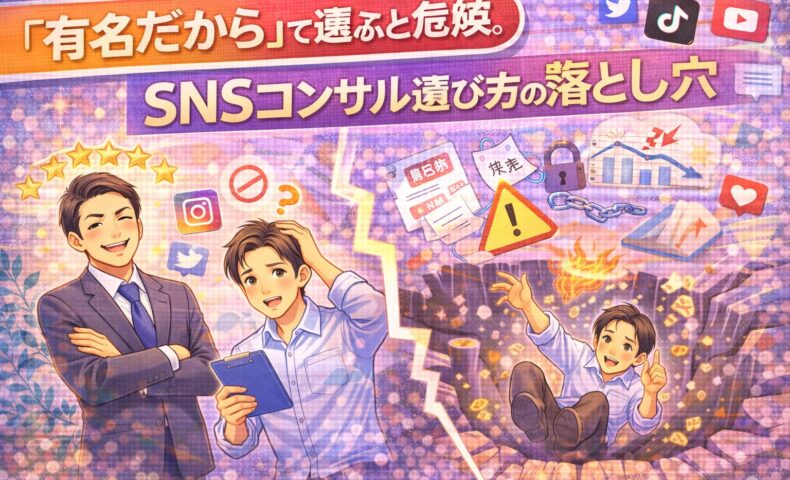 有名だからとSNSコンサルを選んで失敗するリスクと、正しいSNSコンサル選び方を表現したイラスト