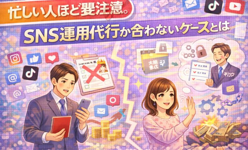 忙しい人がSNS運用代行に失敗するケースをイラストで解説した図。左側は不安そうにスマホを見る男性、右側は仕組みを理解して判断する女性の対比が描かれている。
