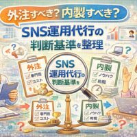 SNS運用代行を外注すべきか内製すべきか迷う人に向けて、判断基準を整理したイラスト。外注と内製のメリット・デメリットを比較し、SNS運用代行の最適な選び方を解説している。