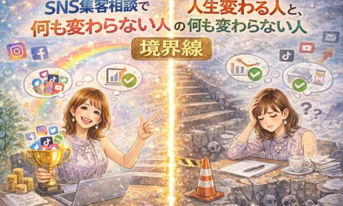 SNS集客相談で人生が変わる人と何も変わらない人の境界線を対比で表現した女性経営者向けイラスト