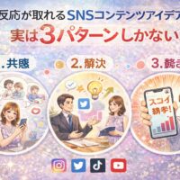 反応が取れるSNSコンテンツアイデアを共感・解決・驚きの3パターンで解説した図解イラスト
