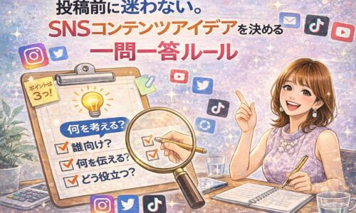 投稿前に迷わないためのSNSコンテンツアイデアを一問一答ルールで整理する女性起業家向けイラスト