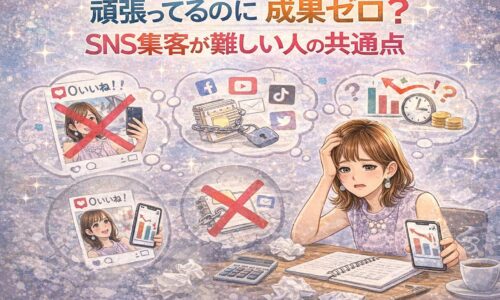SNS集客が難しいと悩み、頑張っているのに成果が出ず落ち込む女性経営者のイメージ