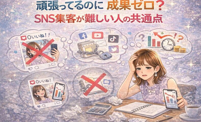SNS集客が難しいと悩み、頑張っているのに成果が出ず落ち込む女性経営者のイメージ