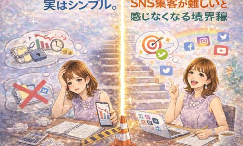 SNS集客が難しいと悩む女性経営者と、SNS集客が難しいと感じなくなった状態の対比を表したイメージ